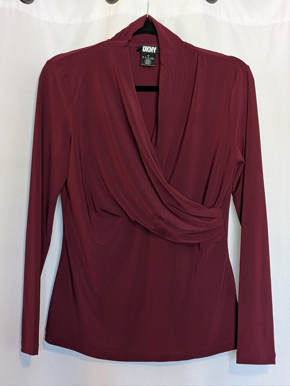DKNY Burgundy Soft Draping Wrap Front Long Sleeve Blouse Top Size S